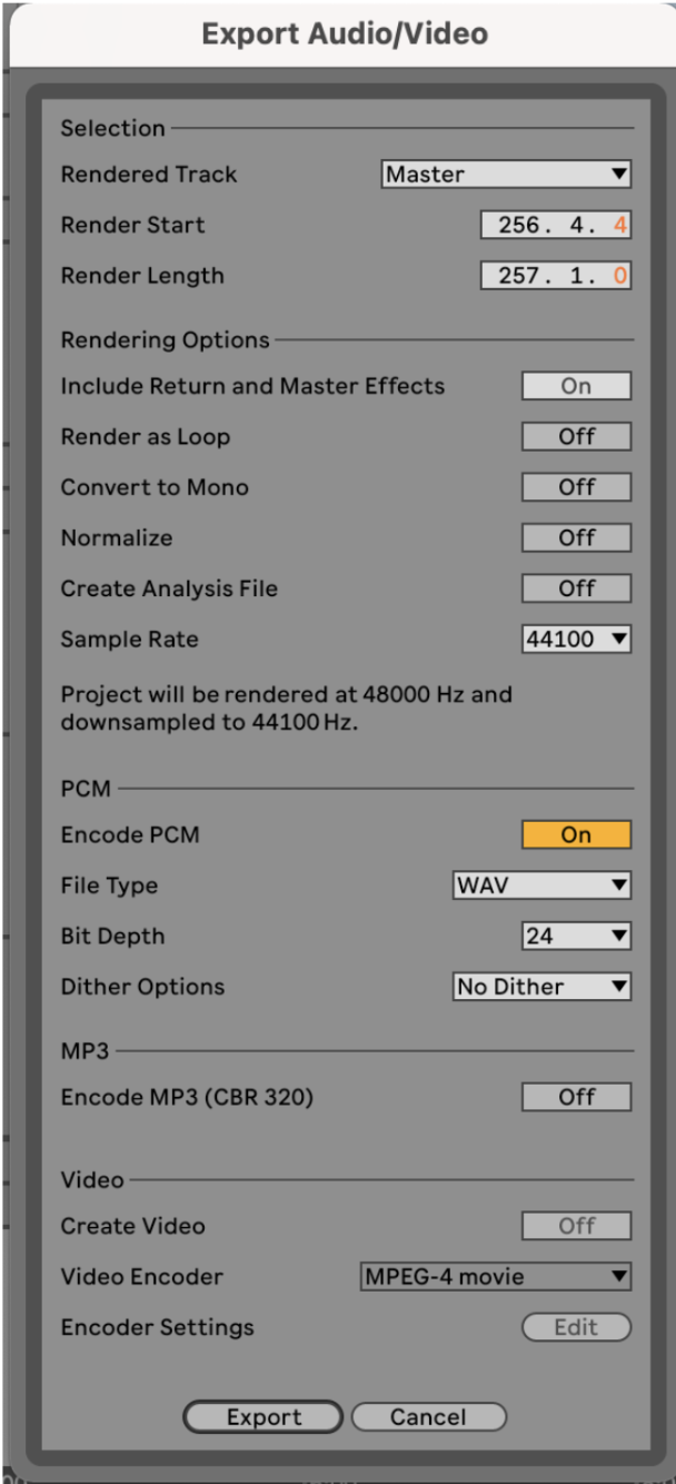 Ableton Live mastering export settings